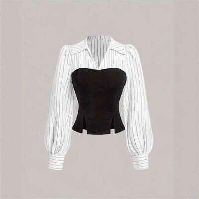 New Colorblock Mock Two-Piece Waist Cinching Shirt Blouse