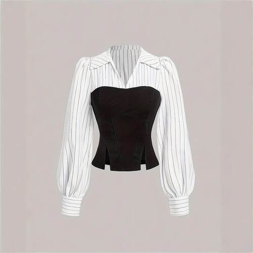 A ladies' striped patchwork black Slim puff-sleeved