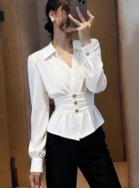 新款两件套甜美温柔风白色欧美感长袖衬衫女气质腰黑色长裤套装