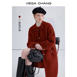 VEGA CHANG新年系列羊毛呢子大衣女秋冬蝴蝶结过年红毛呢外套