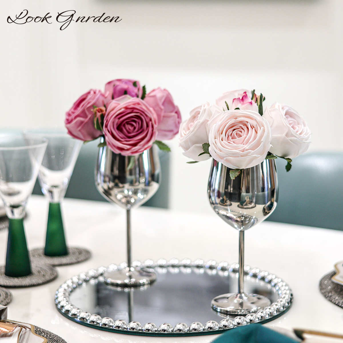 仿真花假花客厅玫瑰花花束花艺高脚杯摆件干花餐桌花北欧装饰摆件