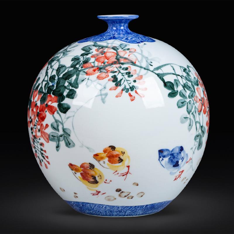 景德镇名师作品陶瓷小花瓶高档手绘粉彩石榴瓶手工绘画圆形插花瓶