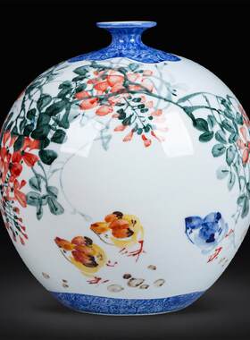 景德镇名师作品陶瓷小花瓶高档手绘粉彩石榴瓶手工绘画圆形插花瓶