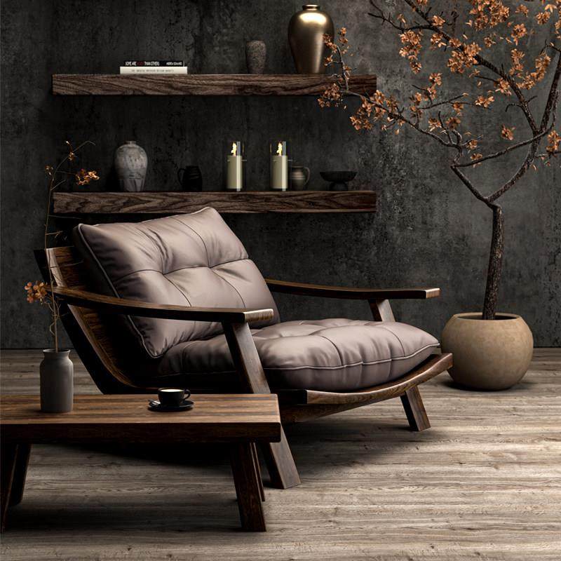 中古实木休闲椅复古真皮单人沙发椅设计师茶椅书报椅休息坐靠沙发