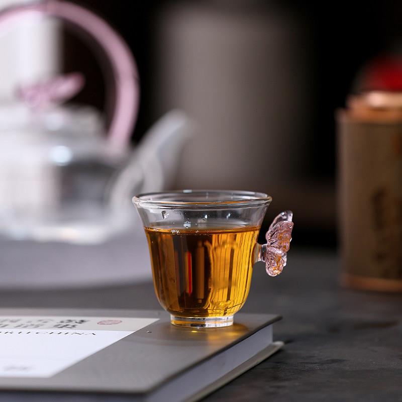 粉色紫色蝴蝶玻璃主人杯碟恋茶杯耐热高硼硅防烫大容量茶水杯