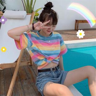 彩虹条T恤上女短袖ins潮夏装新款韩版宽松百搭短款纹学生衣潮