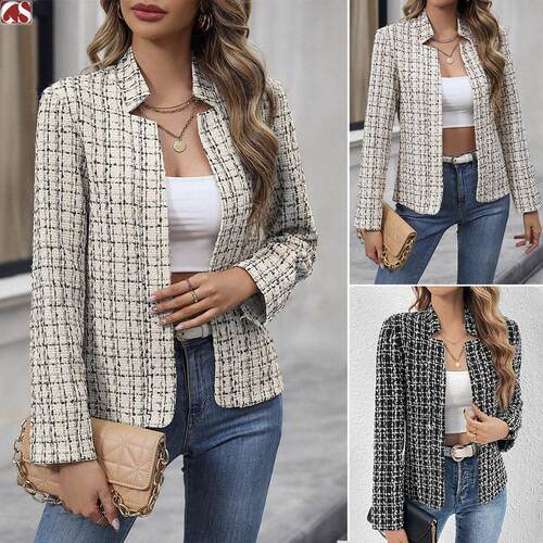 Women's Plaid Print Double Button Flap Detail Lapel Trendy