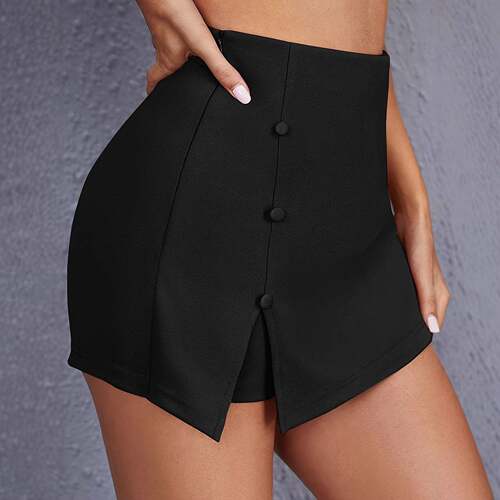 Women's Solid Color Button Decor Skort Elegant Fashion