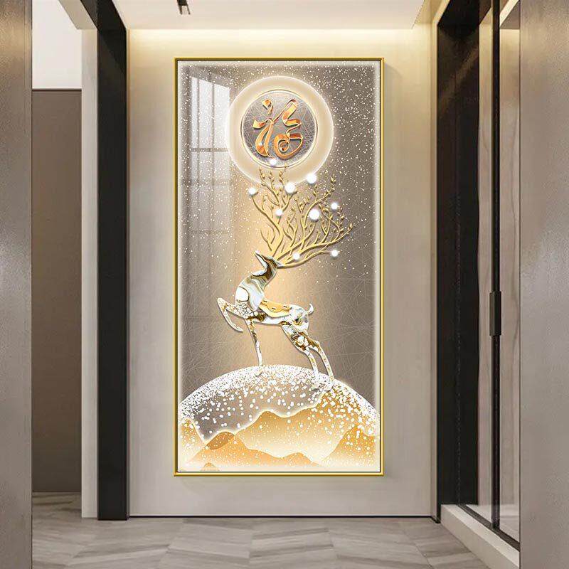 招财玄关装饰画 画入户正对门过道壁画 画寓意好风水麋福鹿LED灯