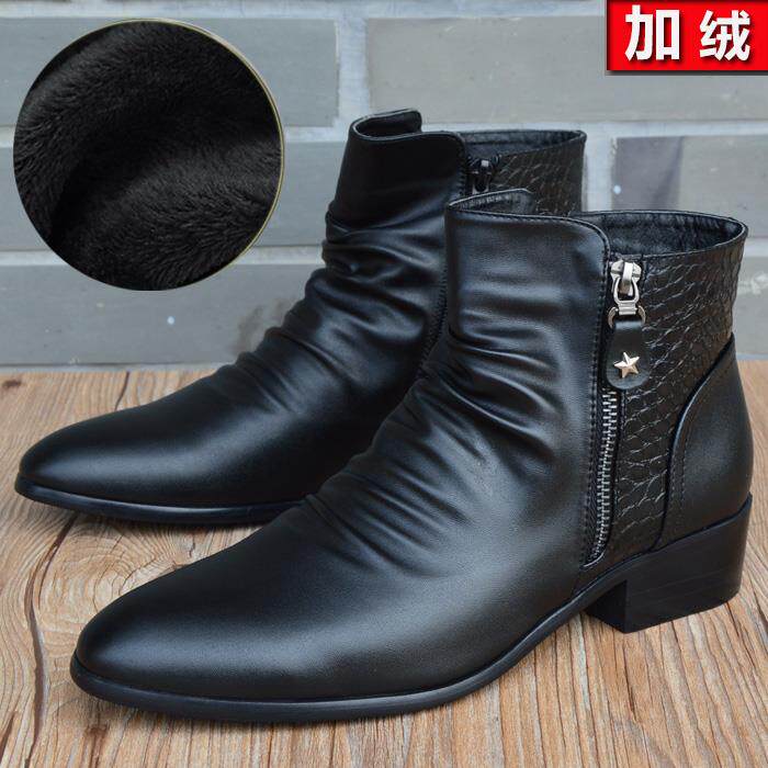 高档英伦高帮皮鞋男士增韩版短靴内高鞋尖头皮靴时尚男休马闲鞋丁