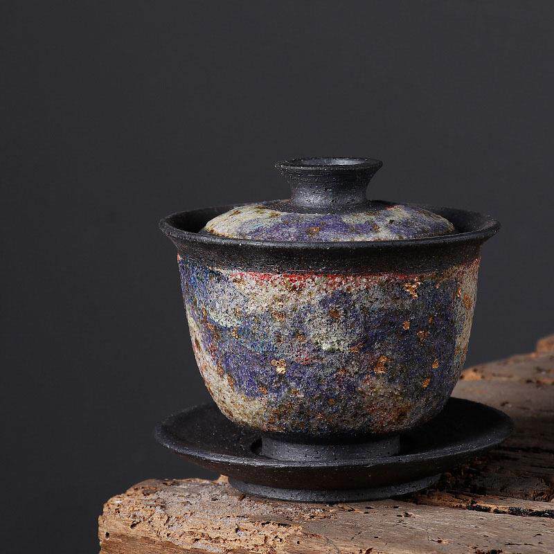 岩矿复古柴烧手作可养盖碗茶杯日式粗陶泡茶碗单个茶具三才碗