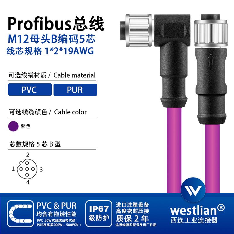 M12连接线Profibus总线M12母头5芯B型编码直头弯头屏蔽总线连接线