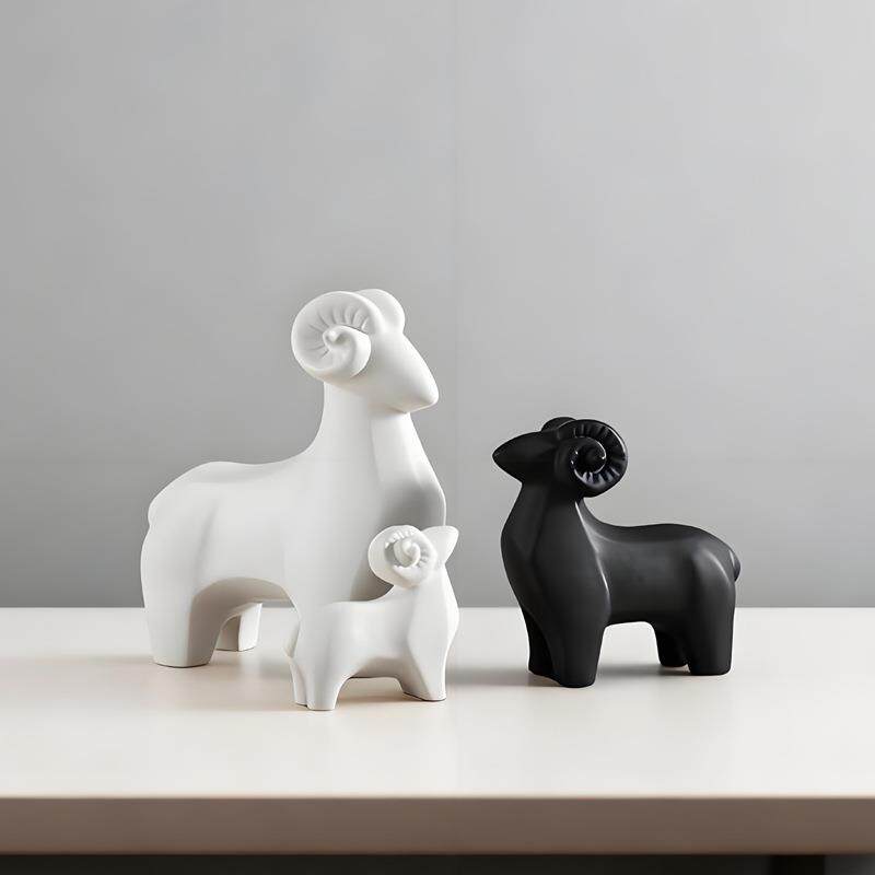 三羊开泰创意黑白陶瓷羊摆件现代简约家居客厅玄关桌面软装工艺品