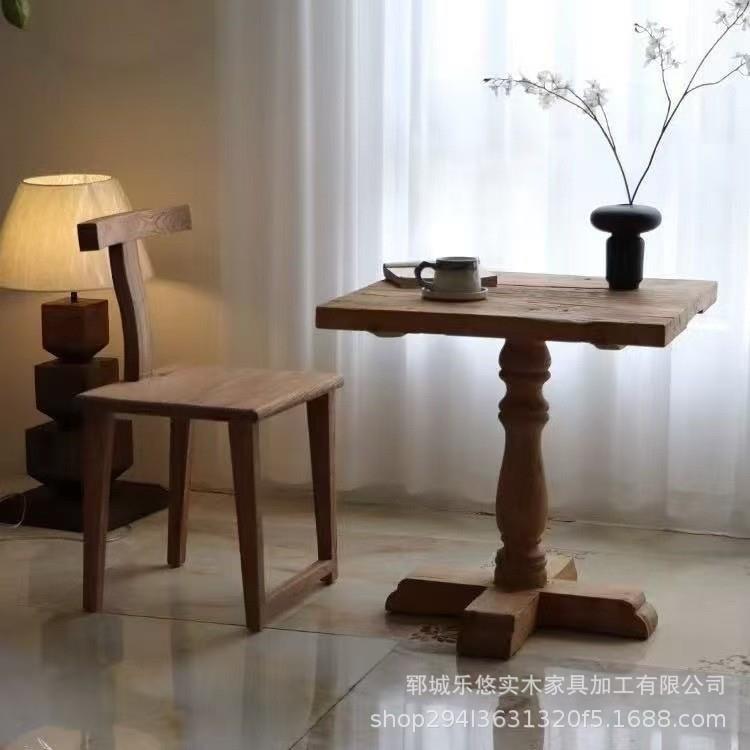 原木咖啡方桌阳台小茶桌榆木家用休闲餐桌风化怀旧客厅茶桌茶台