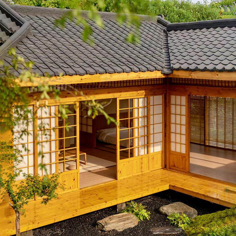 日式小木屋别墅民宿庭院造景木屋室外防腐木木房子户外茅草屋田园
