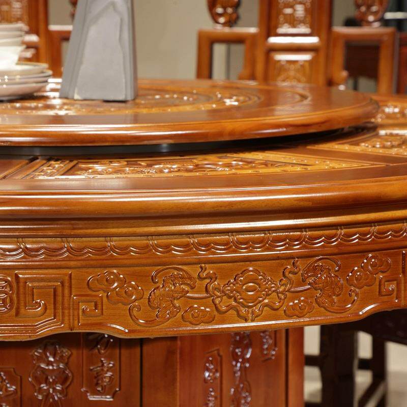 全中式实餐桌椅组合橡木仿古带转盘大圆桌家用饭桌橡木仿古雕木花