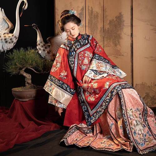 春夏新款晚清风格格服印花改良马面裙氅衣套装少奶奶宽袖复古国风