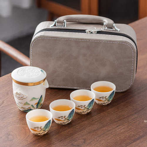 茶壶手绘礼品户外茶杯茶具瓷旅行精品套装便携羊脂玉四杯一壶高档