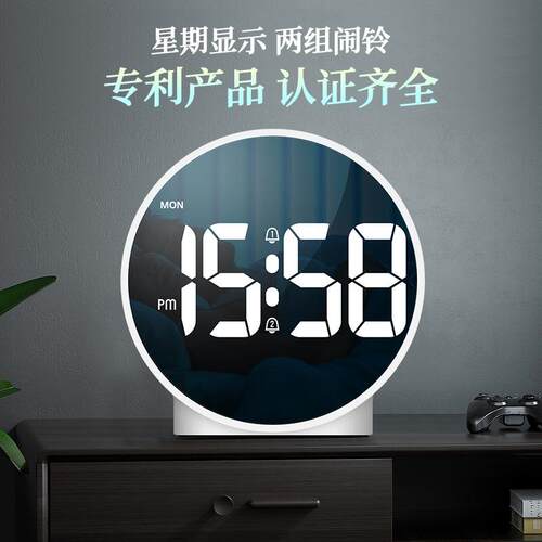 新款LED小闹钟 数字星期迷你电子时钟学生静音圆形插电款外贸厂家