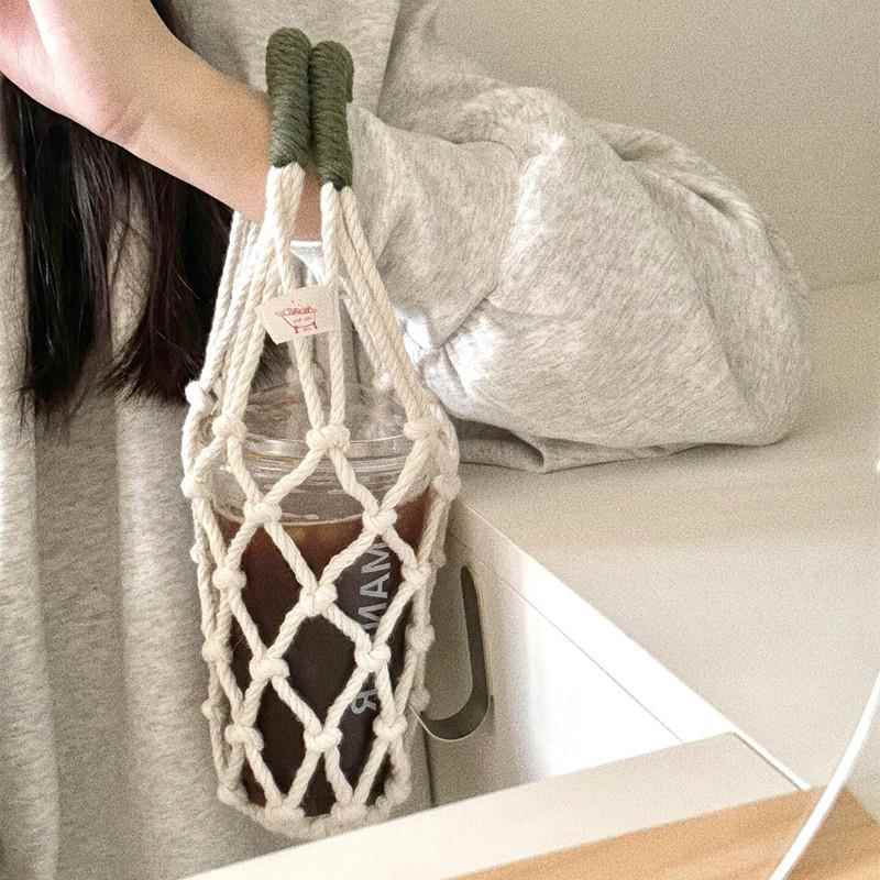 编织水杯套手提袋提兜可爱杯子套学生水杯套网兜纯色便携式多功能