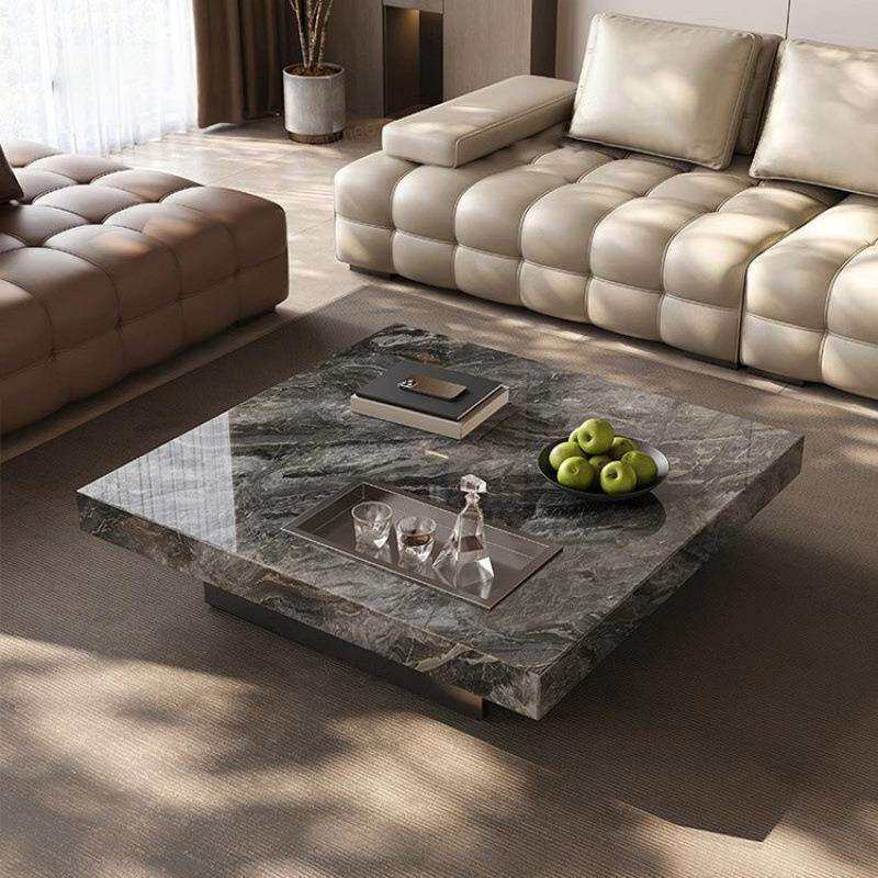 意式极简轻奢岩板茶几现代悬浮威尼斯棕大理石客厅家用正方形茶几