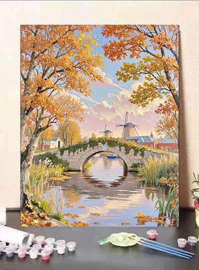 简单又好看数字油画填色风景秋天丙烯画0基础涂色画治愈系小屋
