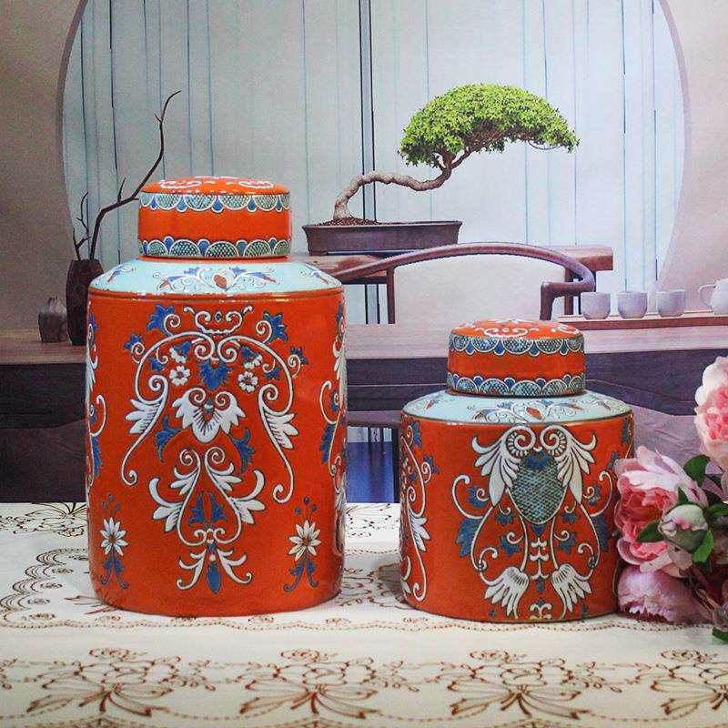 陶瓷摆件创意家居装饰电视柜工艺品带盖密封罐子圆形陶瓷储物罐