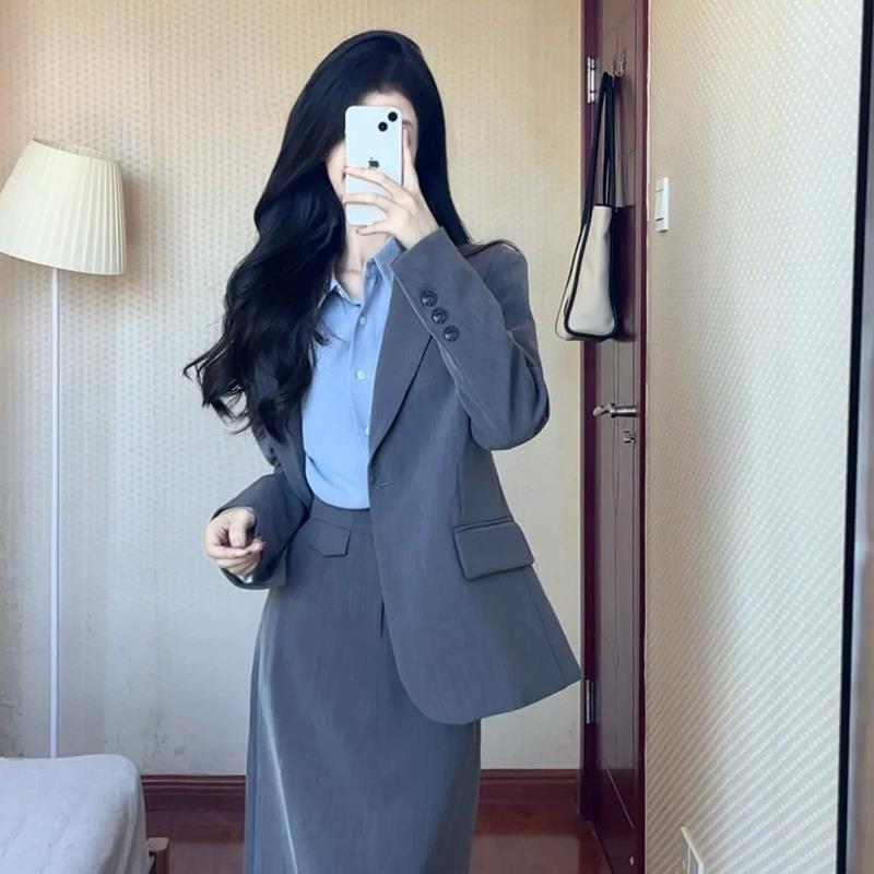 灰色西装套装女春夏气质小个子高级感教资面试正装西服套裙工作服