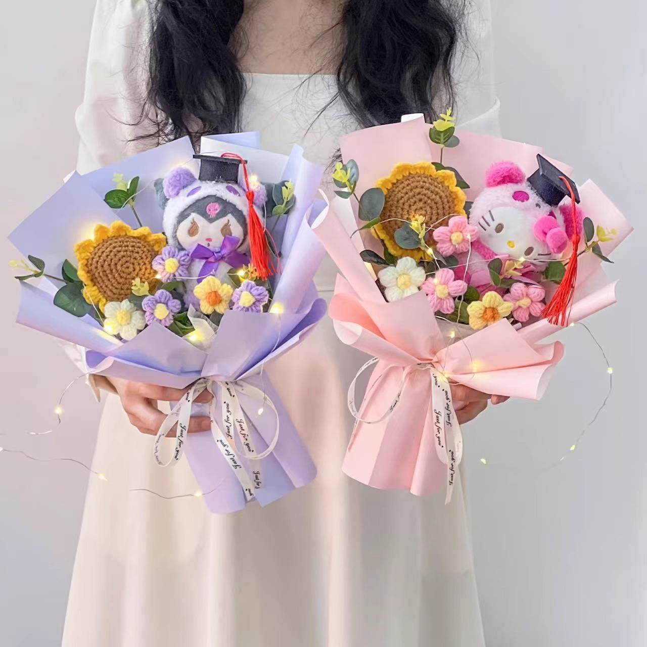 博士帽卡通公仔花束创意向日葵针织花束送同学毕业礼物生日祝福