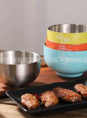 韩式不锈钢碗彩色拉面碗双层加厚家用饭碗吃饭隔热防烫韩国米饭碗