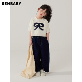 senbaby童装女童短袖针织衫儿童，夏装百搭上衣，中大童薄毛衣半袖t恤