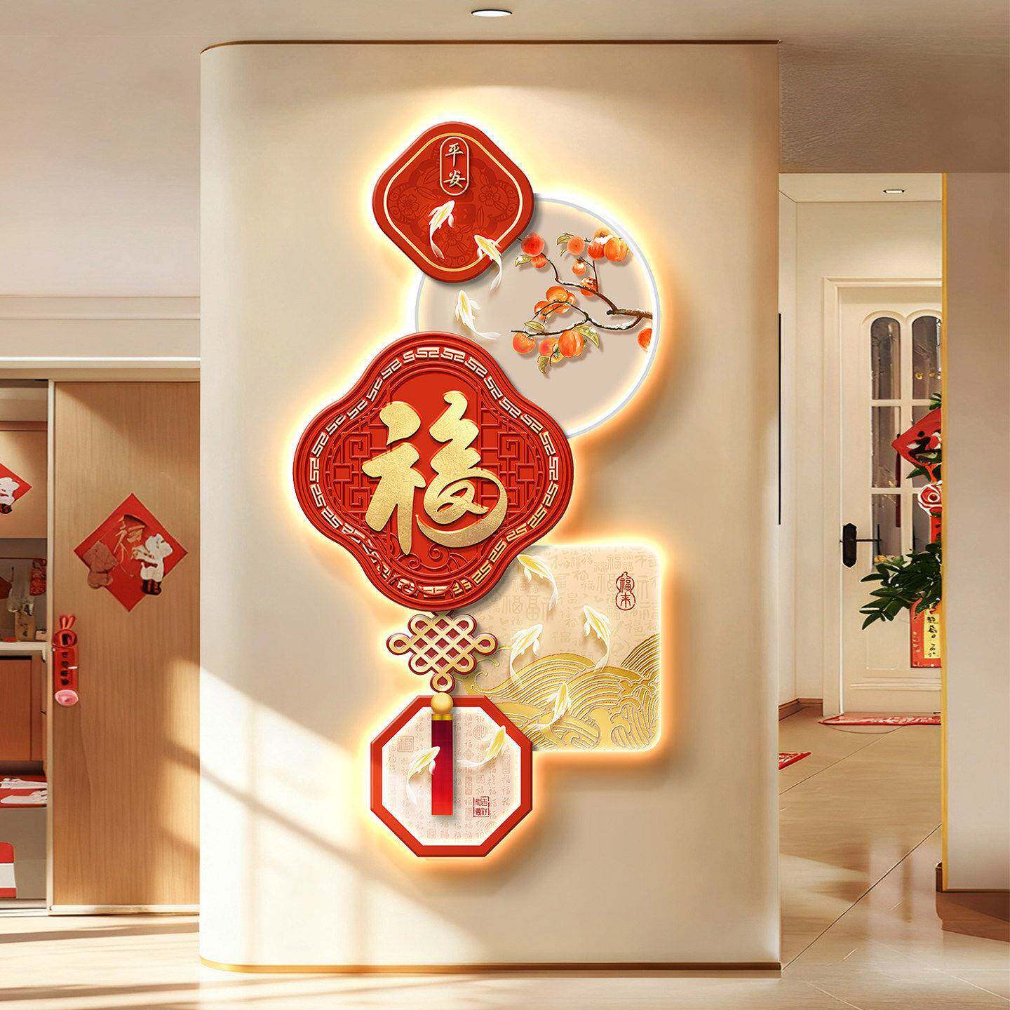 福过字入墙户玄关装饰画级感客厅BAI走廊道壁画灯带发光正对门挂
