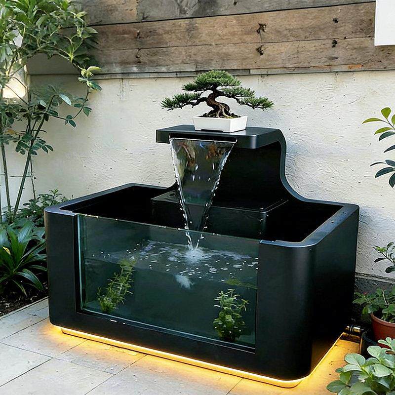 墨青池阳台不锈钢鱼池花箱金属流水摆件室外露台庭院水景瀑布