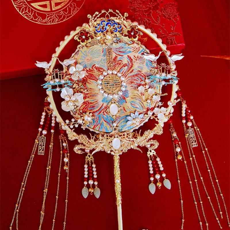 团扇新娘结婚diy材料包成品高级感手工秀禾重工双面出嫁中式喜扇