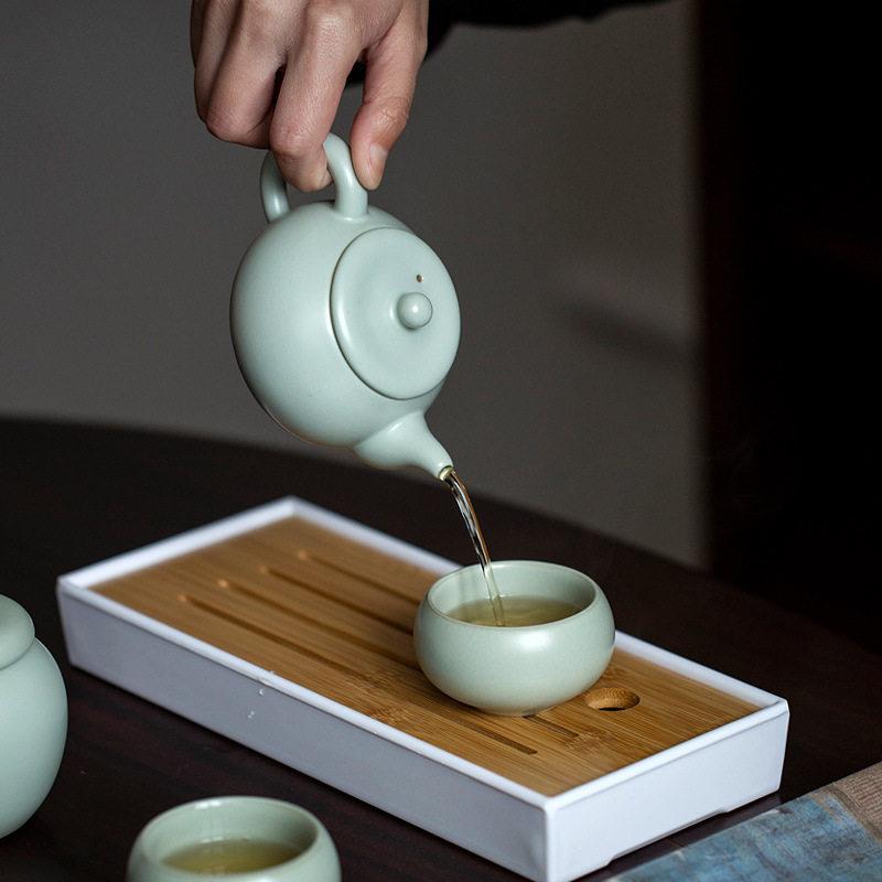 汝窑旅行茶具便携式套装一壶两杯户外简约茶盘复古陶瓷泡茶器茶壶