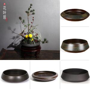 细磨砂陶瓷花盆圆形大花盘写花景盘原水流日式花道中式插盆小禅意
