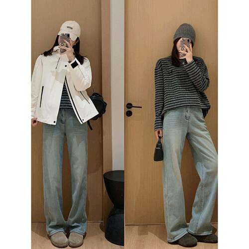 大K1868叮自制沁水蓝！浅怀旧洗覆合绒阔腿裤2水02牛5冬季加蓝绒