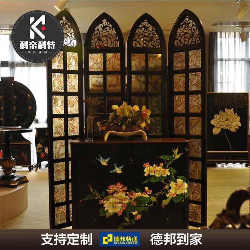 ll欧式屏风隔断客厅玄关入户进门美式中古遮挡折叠移动卧室玻璃屏