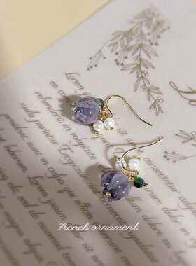 【琼康耳饰】新款法式复古温柔耳饰小众气质紫色珍珠琉璃花朵植物