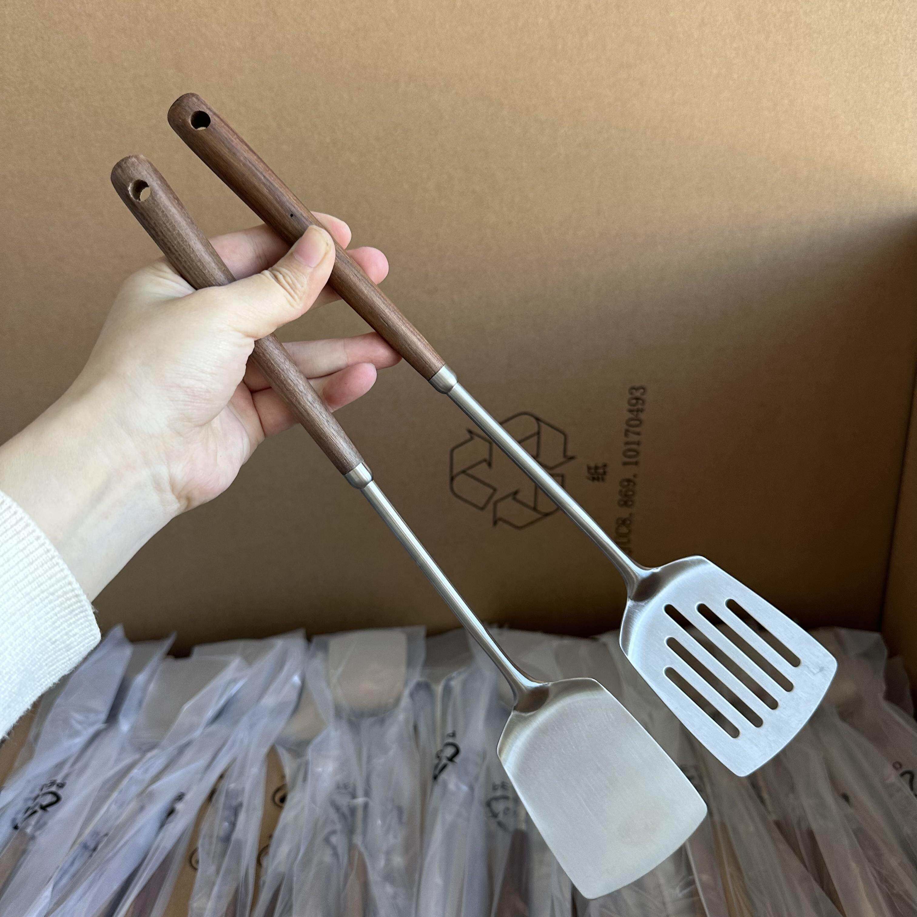 博尚家胡桃木304不锈钢迷你小锅炒菜铲厨具不粘锅铲套装胡桃木铲