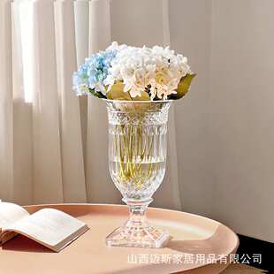 复古浮雕电镀透明玻璃花瓶高脚杯加厚大号水晶水养插花水晶装饰品