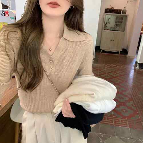 New Women'S Fall Winter Ribbed Polo Knit Sweater Slim Fit