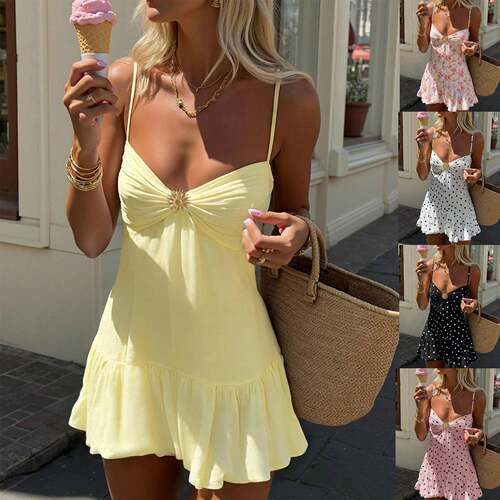 Women'S Polka Dot Mini Dress V Neck Ruched Hem Summer Beach