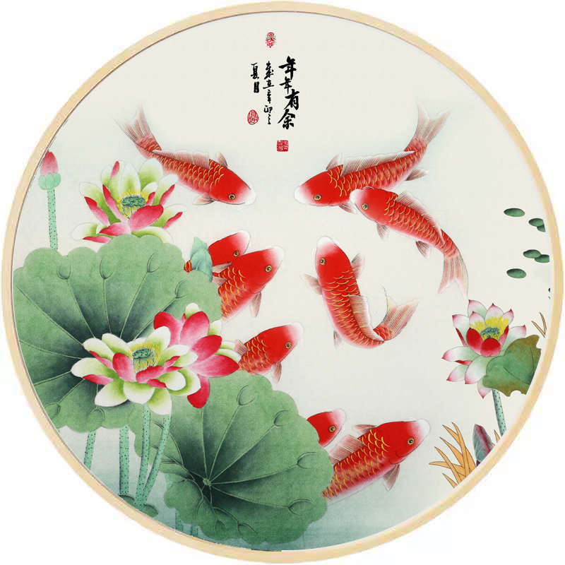 荷花图鱼现代禅意卧室鸳鸯新简约中式沙发客厅背景九装饰画圆形图片