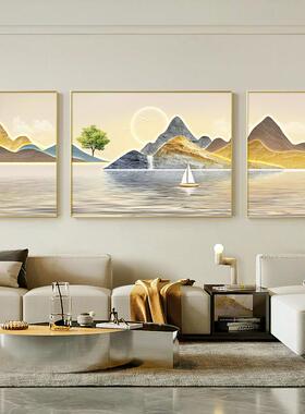 现代轻奢客厅装饰画流水生财三联画大气高档山水画沙发背景墙挂画
