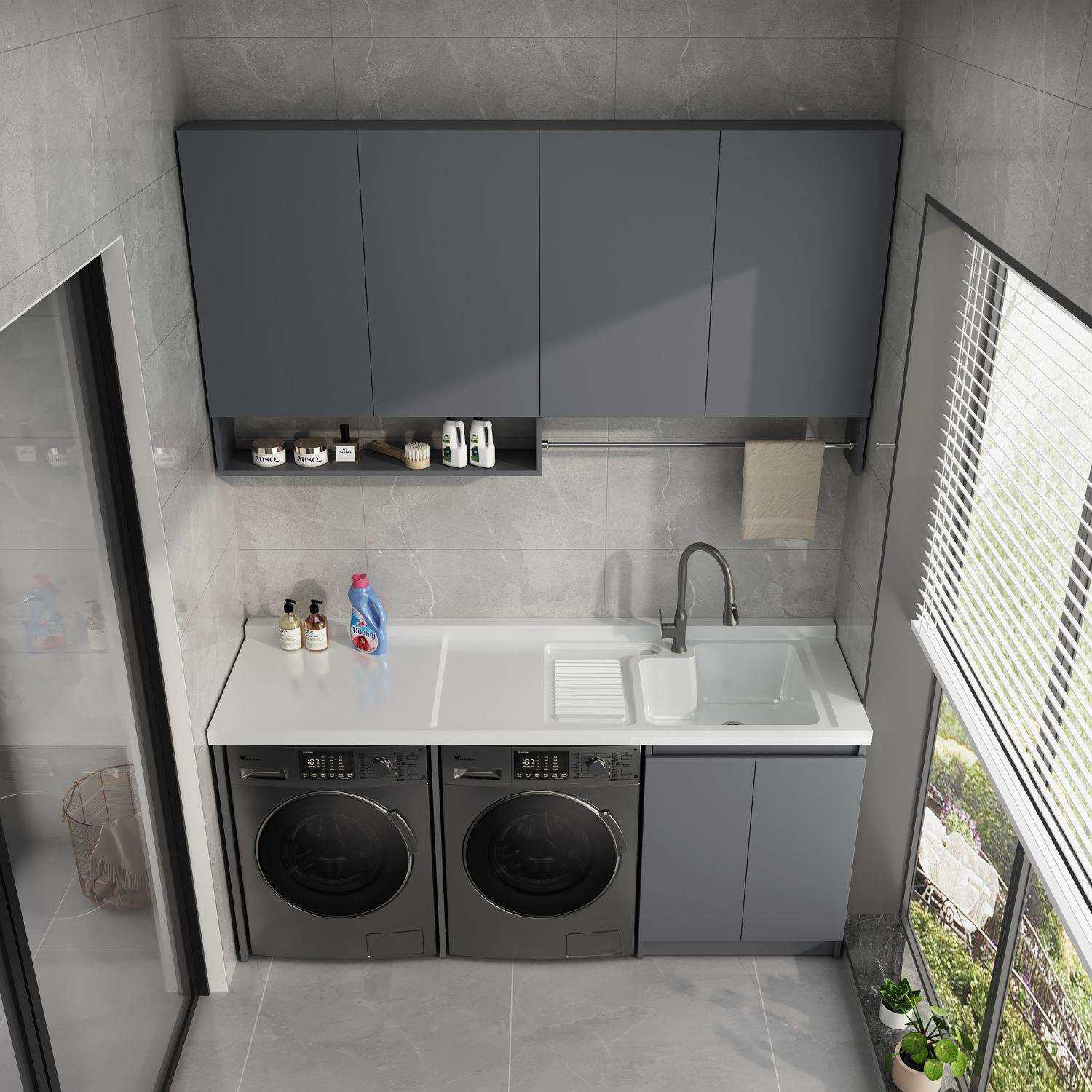 阳台洗衣机一体柜组合双洗衣机烘干机置物格蜂窝铝机上盆带搓衣板