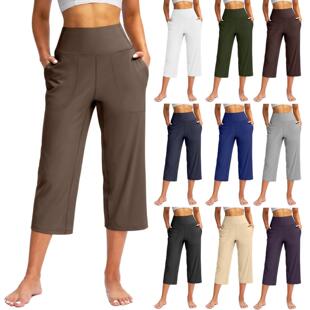 2025Women's Solid Color Wide-Leg Cropped Pants with Pockets,