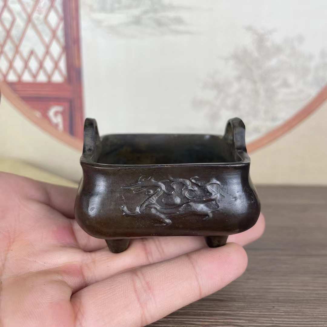 古玩杂项收藏仿古老铜宣字炉四大神兽铜香炉四足双耳香薰炉摆件