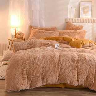 水貂绒长毛四绒件双套面床被套纯色加AL-65516厚单三件套冬季纯色