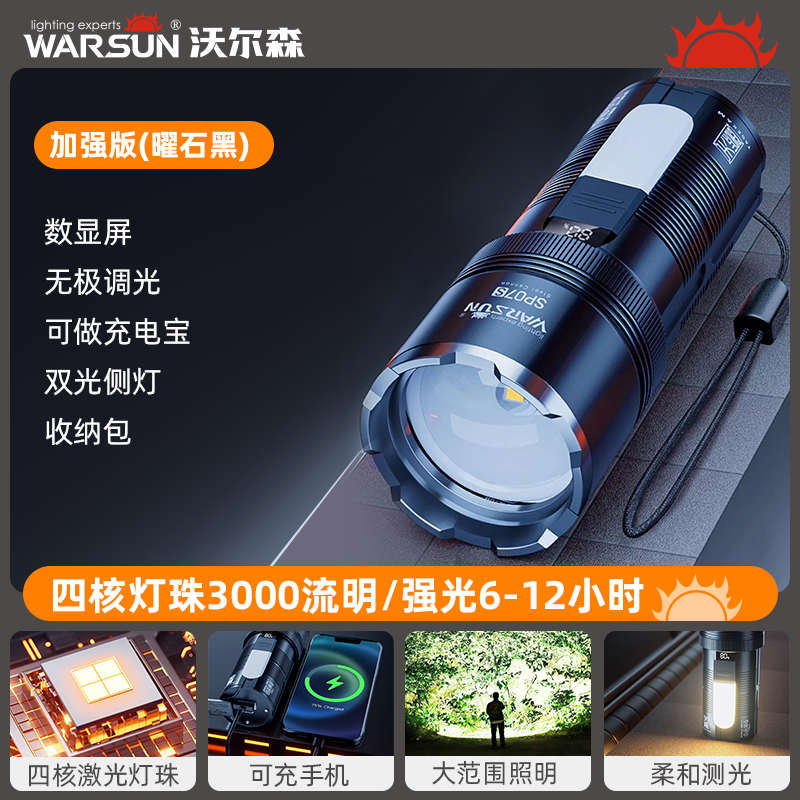 沃尔森高亮强光手电筒SP07S变焦充电家用户外远射氙气超亮强光灯